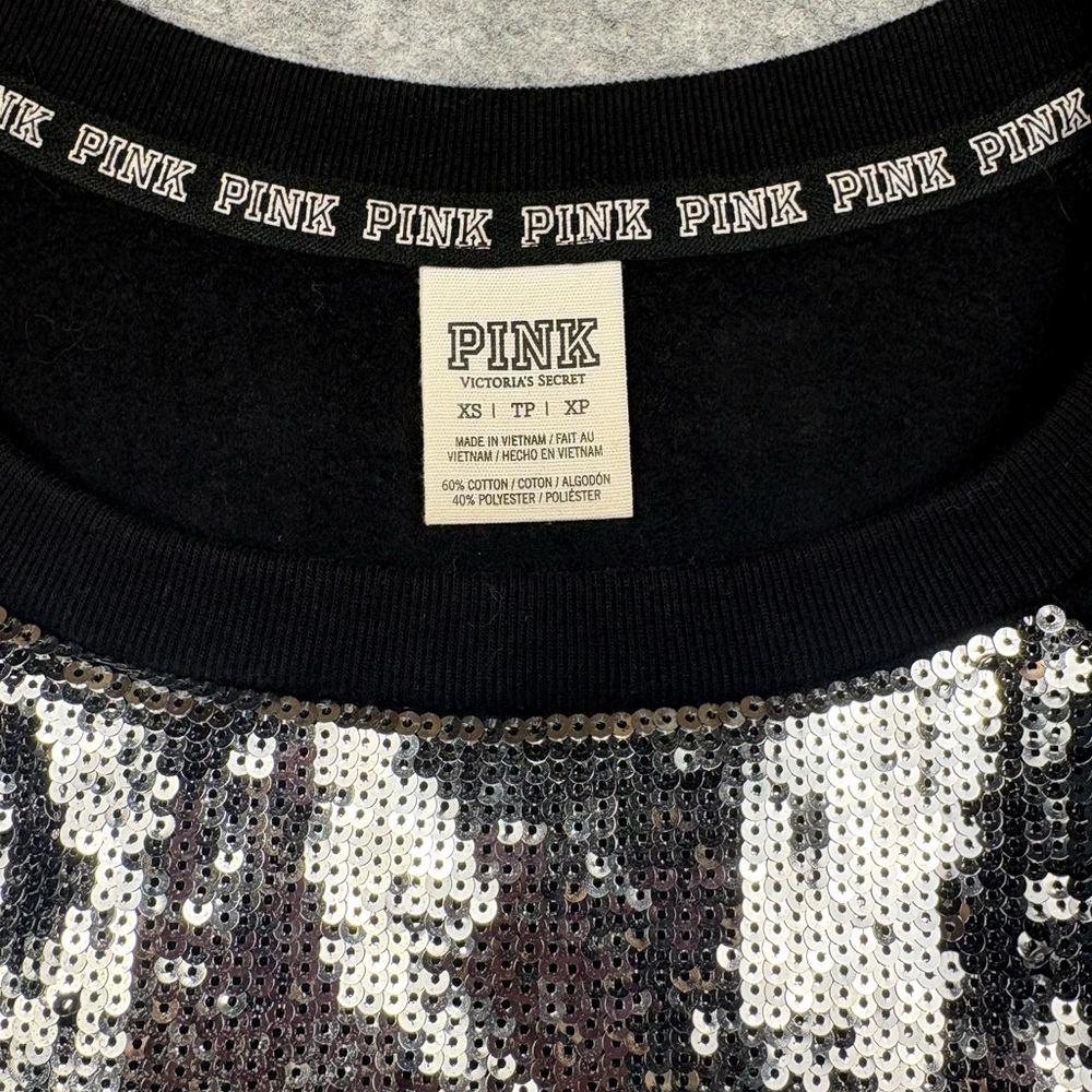 Vintage Victoria's Secret PINK Bling Sequin Sweatshirt Black Silver - Picture 2 of 5